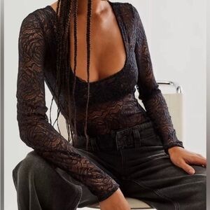 Free People Black Lace Long Sleeve Blouse